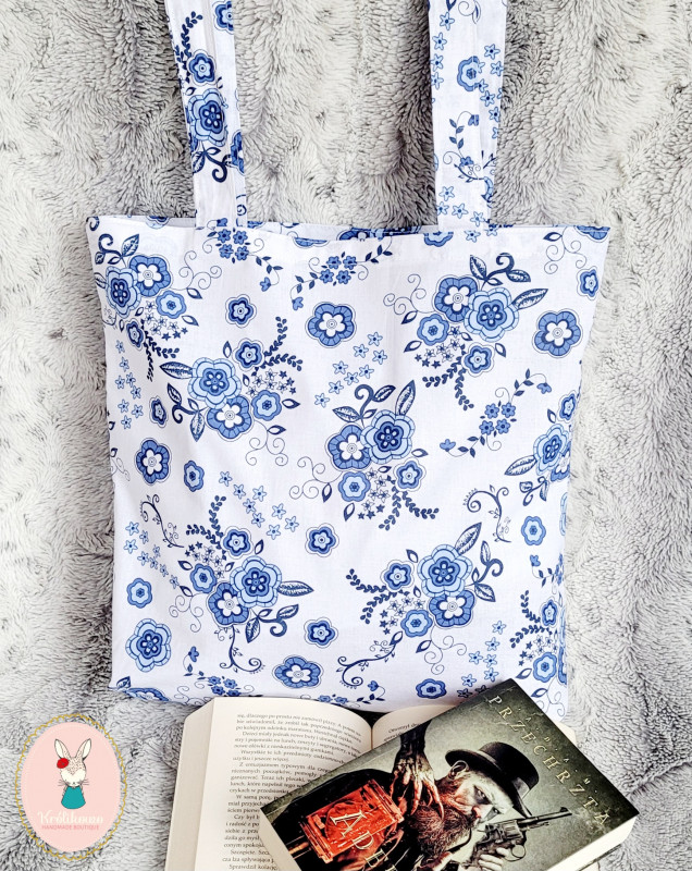 Ekologiczna, bawełniana torba na zakupy: niebieskie kwiaty_photo1