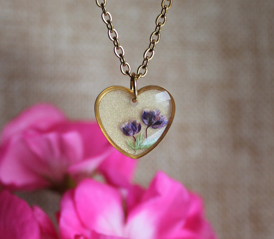 Fioletowe kwiatowe serce serduszko złota zawieszka_photo1