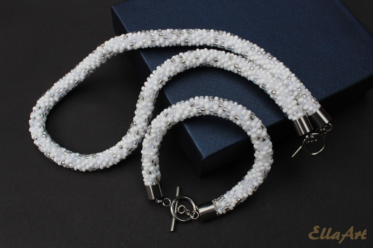 komplet biżuterii -sznur koralikowy - biały melanż_photo1
