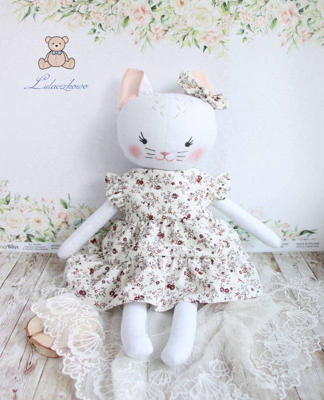 Kotek Tilda sukienka beż-bordo ręcznieszyta GOTOWA_photo1