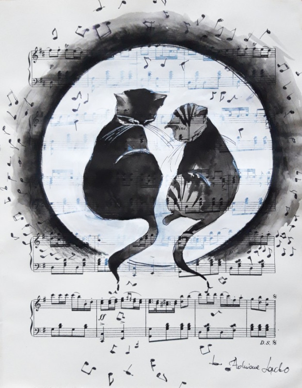 "Koty piszą muzykę" akwarela na papierze z nutami_photo1