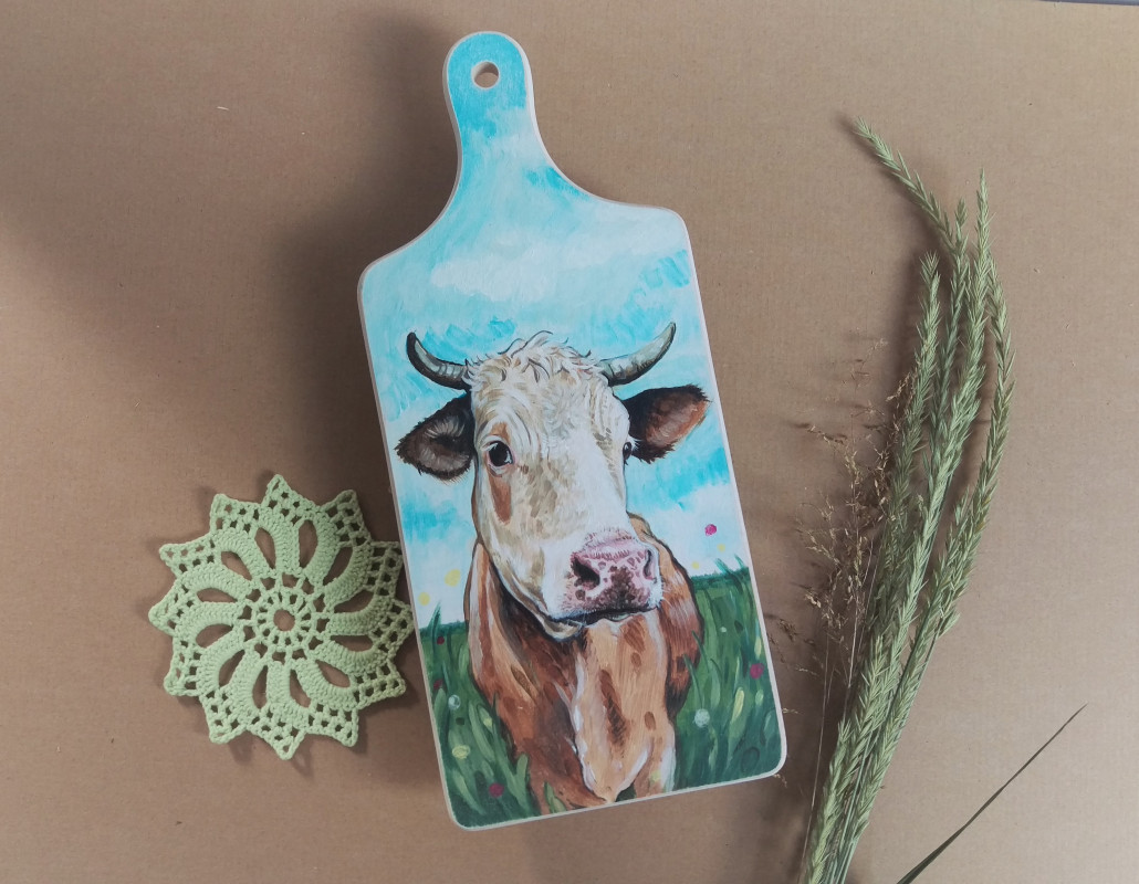 Krowa - ręcznie malowany obrazek na desce_photo1