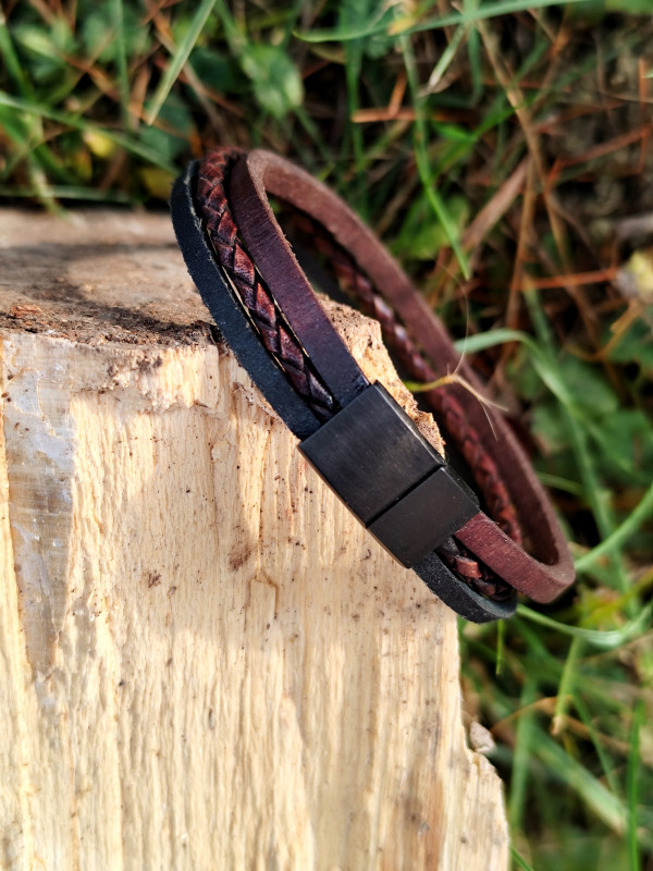 Męska bransoletka z prawdziwej skóry brąz vintage i czerń_photo1