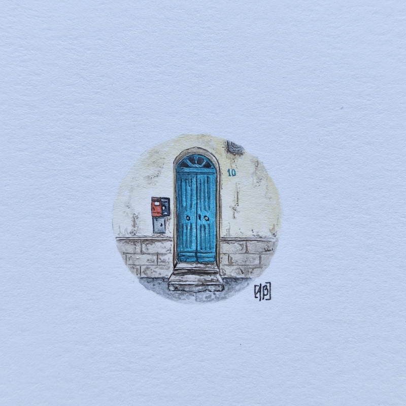 Niebieskie, drewnaine drzwi, pamiątka z Sycylii, miniatura akwarela_photo1
