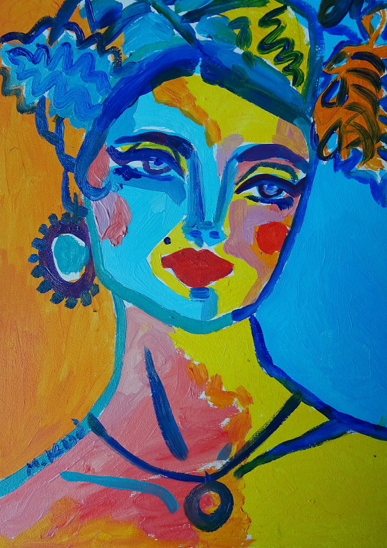 olejny obraz  kolorowy portret kobiety z kwiatami_photo1