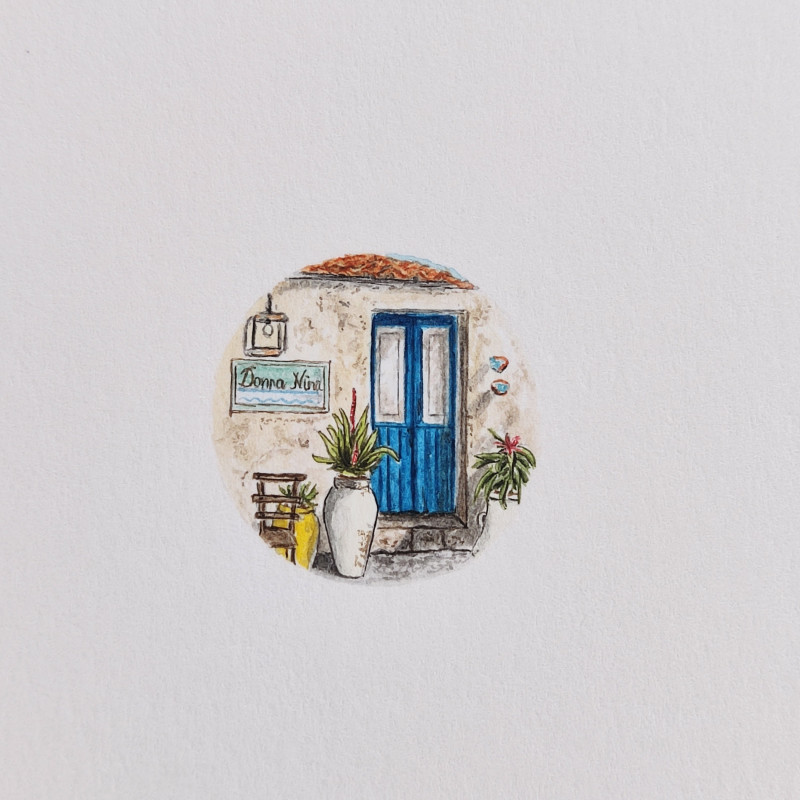 Pamiątka z Sycylii, Miniatura akwarela, niebieskie drzwi_photo1