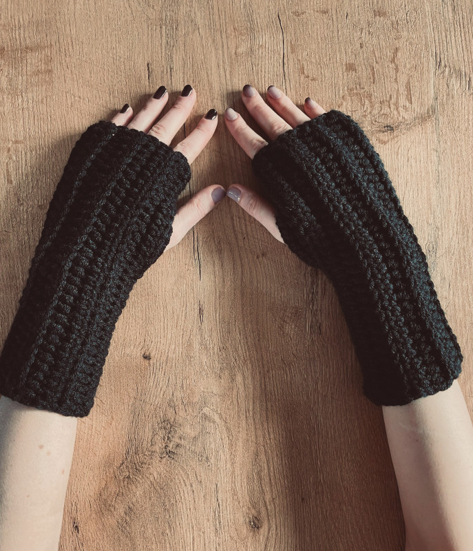 Piękne, ciepłe, długie czarne rękawiczki bez palców mitenki_photo1