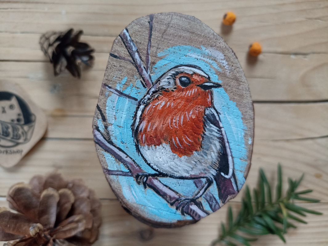 Ptaszek Rudzik ręcznie malowany na drewnie_photo1