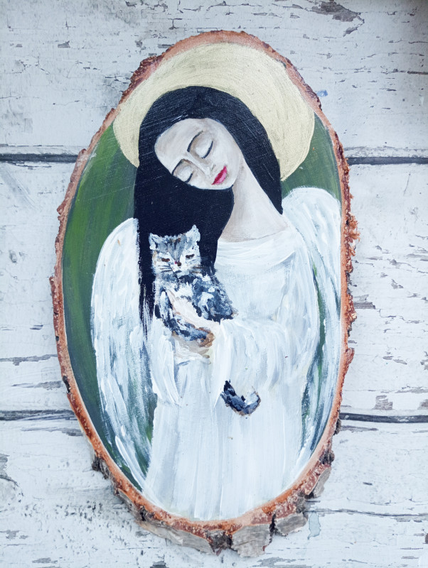 Ręcznie malowany anioł na drewnie, z kotem_photo1