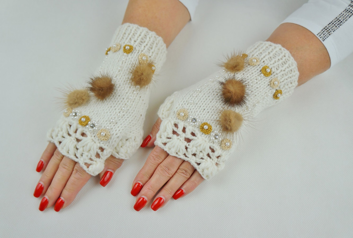 Rękawiczki mitenki zdobione wełna_photo1