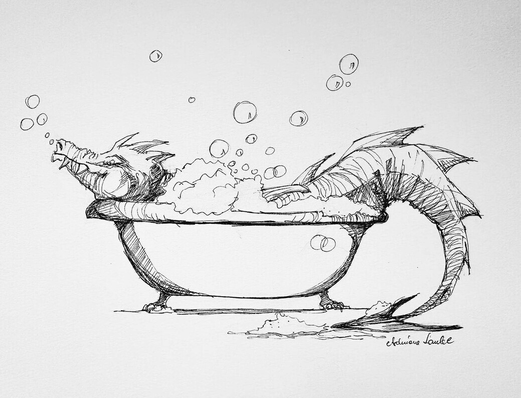 "Smoczyca w kąpieli" rysunek piórkiem artystki A. Laube_photo1