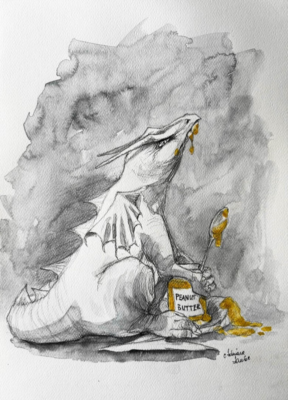 "Smok i masło orzechowe" rysunek ołówkiem z dodatkiem akwareli_photo1