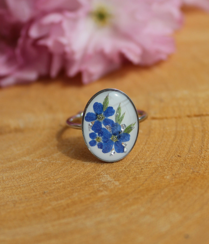 Srebrny pierścionek prawdziwe kwiaty z niezapominajkami_photo1