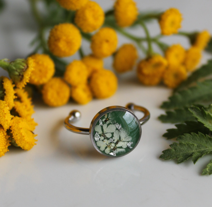 Srebrny pierścionek regulowany zielony biały kwiat_photo1