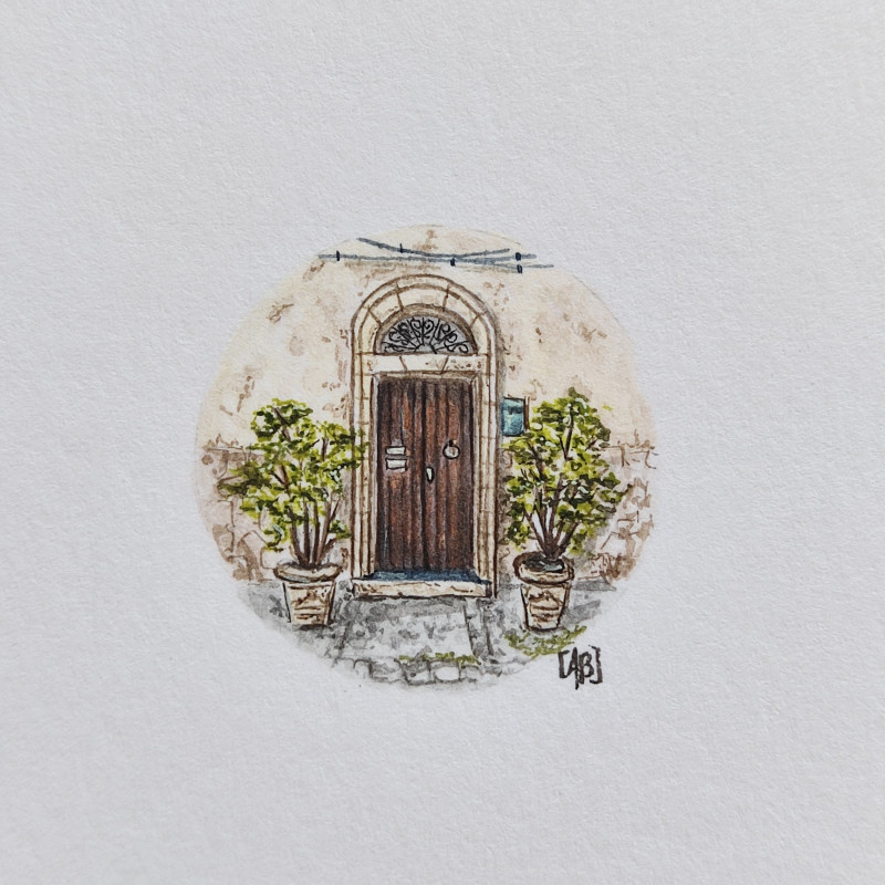 Stare drewnaine drzwi, pamiątka z Sycylii, miniatura akwarela_photo1