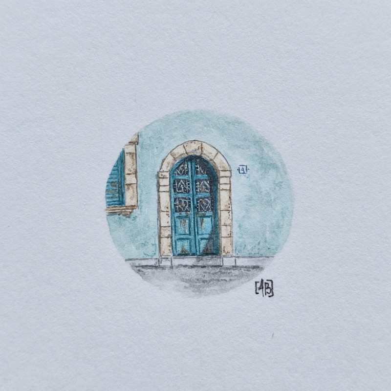 Stare, seledyniowe drzwi, pamiątka z Sycylii, miniatura akwarela_photo1