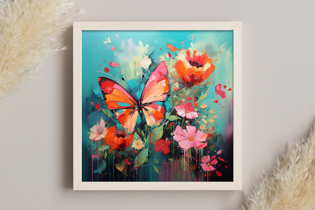Turkusowy obraz z motylem i kwiatami_photo1