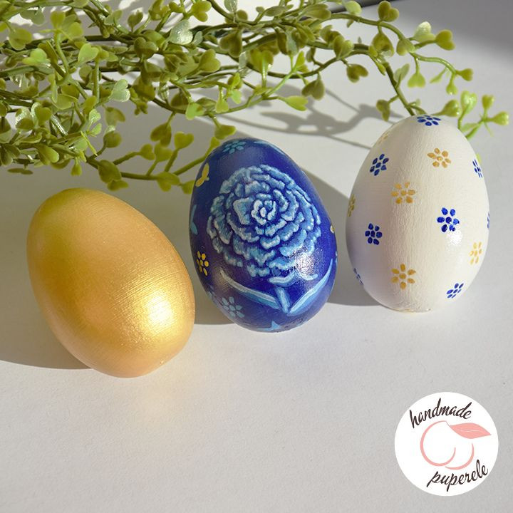 Zestaw drewnianych jaj wielkanocnych - niebieskie kwiaty i złoto_photo1