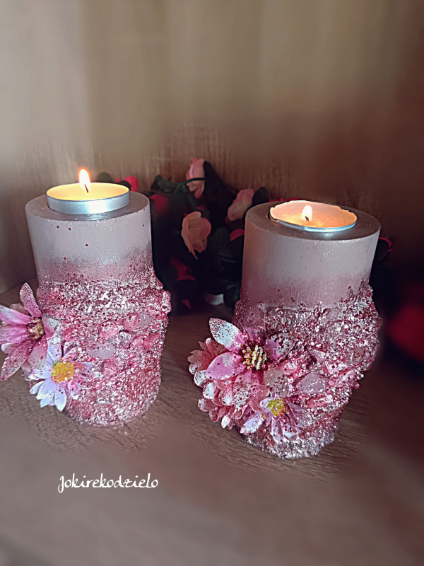 Zestaw dwóch świeczników kwiaty i pudrowy róż_photo1