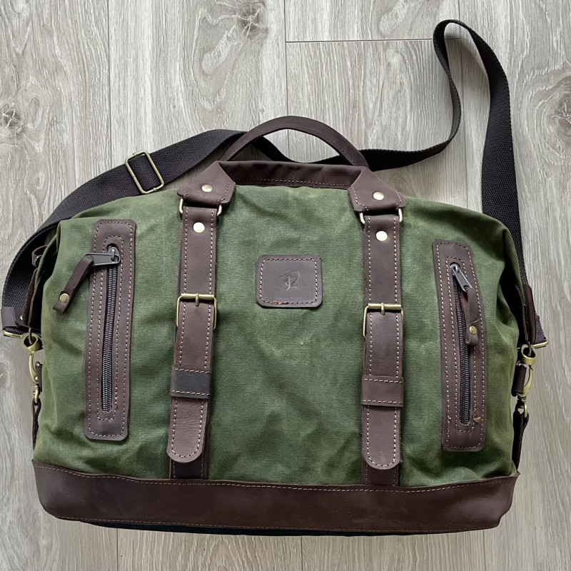 Zielona torba podróżna z bawełny woskowanej i skóry w stylu Vintage._photo1