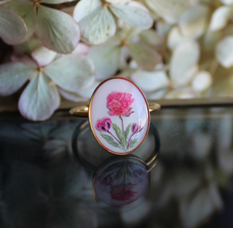 Złoty pierścionek prawdziwe kwiaty różowe_photo1
