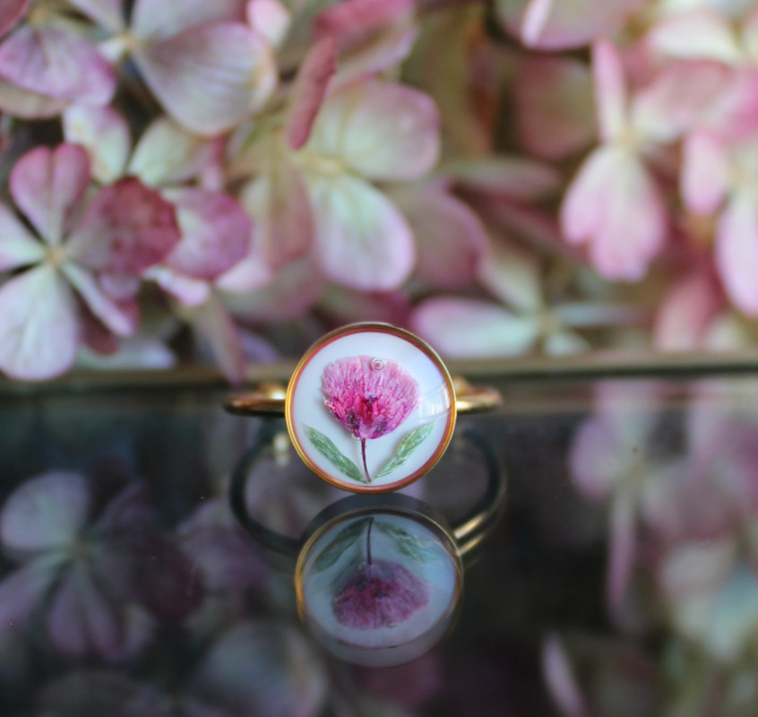 Złoty pierścionek różowy kwiat suszony prawdziwy_photo1